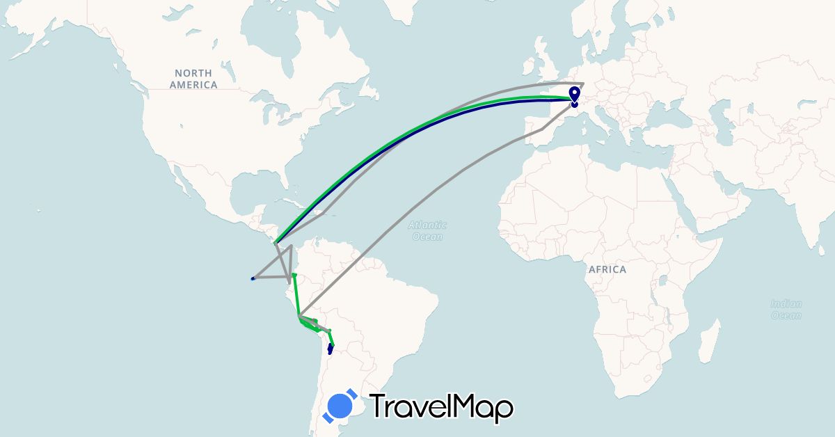 TravelMap itinerary: driving, bus, plane, train, hiking, boat in Bolivia, Switzerland, Costa Rica, Dominican Republic, Ecuador, Spain, France, Panama, Peru (Europe, North America, South America)